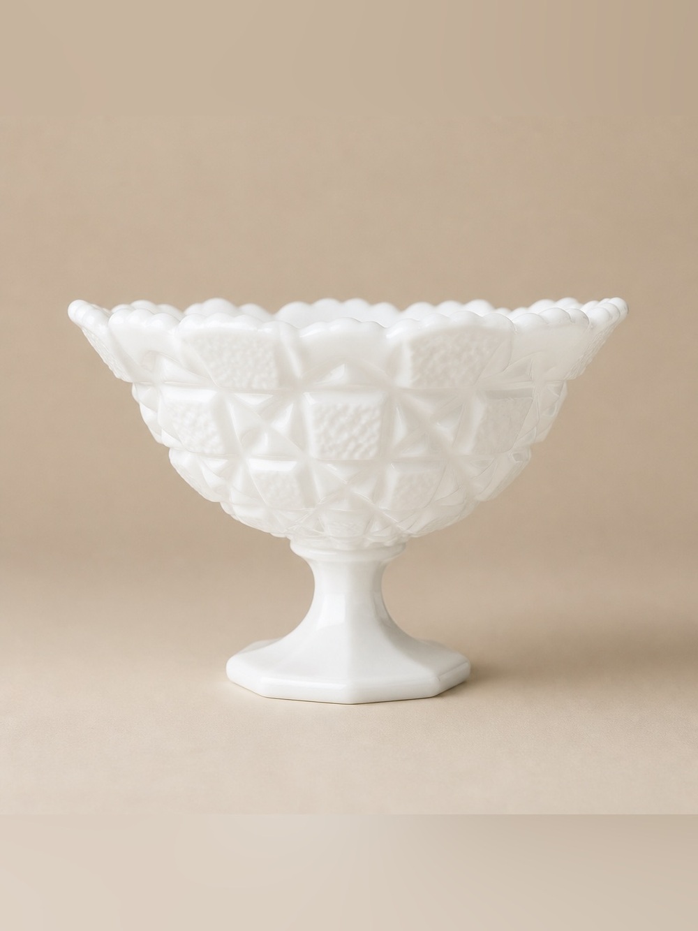 Westmoreland Milk Glass Pedestal Compote featuring the Old Quilt pattern.